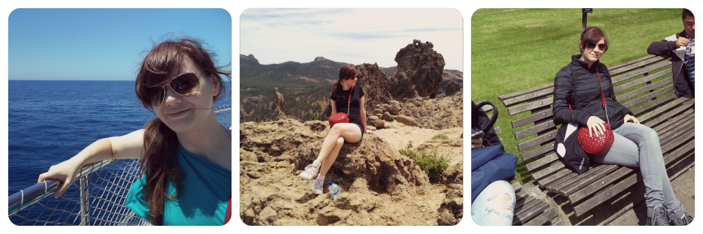 From left to right: Off the Gran Canaria coast in a one shoulder top made from Hipknoties; Roque Nublo and a bamboo t-shirt; Windsor again in a Uniqlo ULD jacket. From left to right: Off the Gran Canaria coast in a one shoulder top made from Hipknoties; Roque Nublo and a bamboo t-shirt; Windsor again in a Uniqlo ULD jacket.
